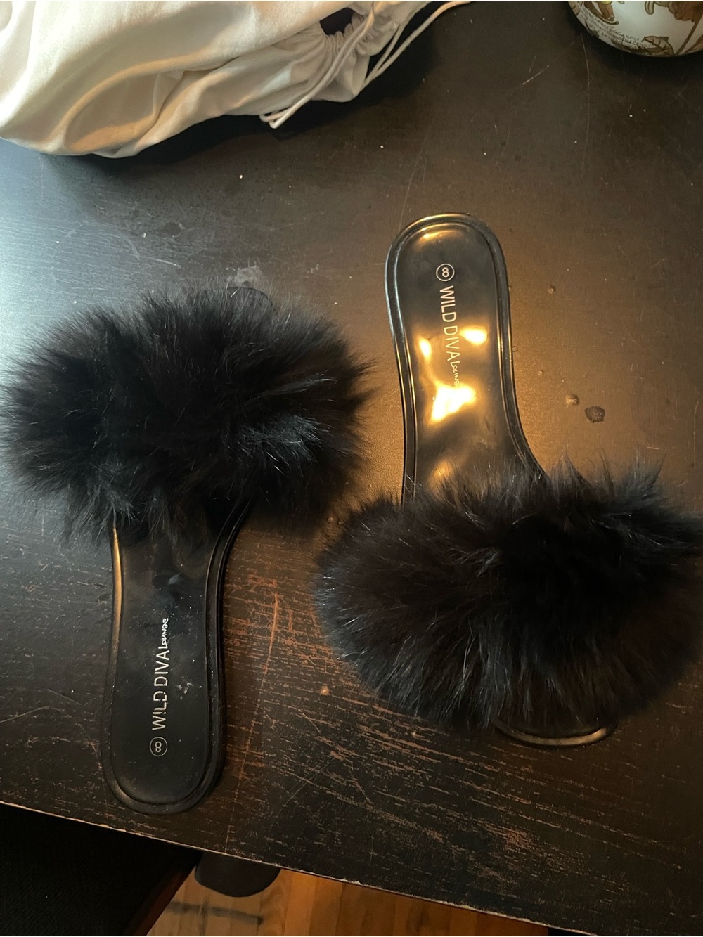 DIVA Lounge Black Faux Fur Slide Slippers